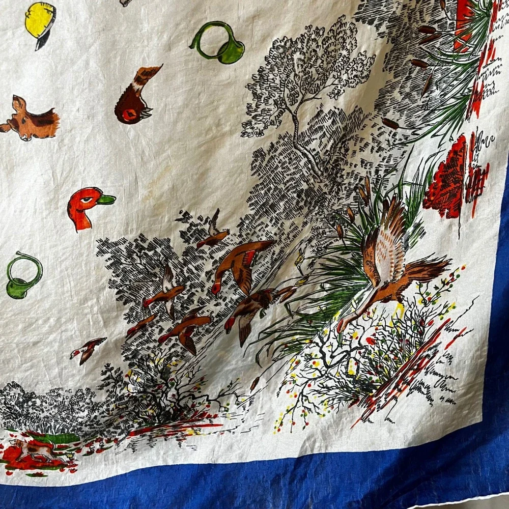 Vintage Hunting Equestrian Silk Scarf Blue Border Fox Hunt Birds Deer 31x34